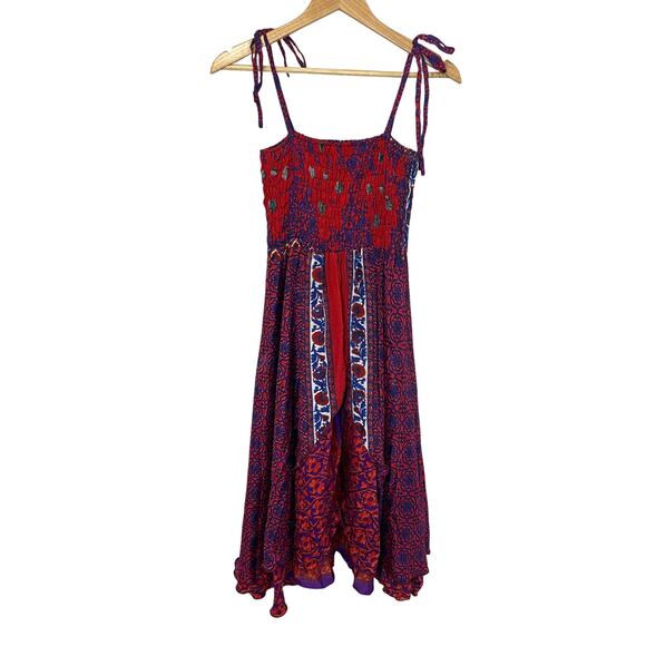 WEVEZ Boho Floral Red Print Smocked Top Spaghetti Strap Silk Midi Sun Dress Med - Picture 2 of 13